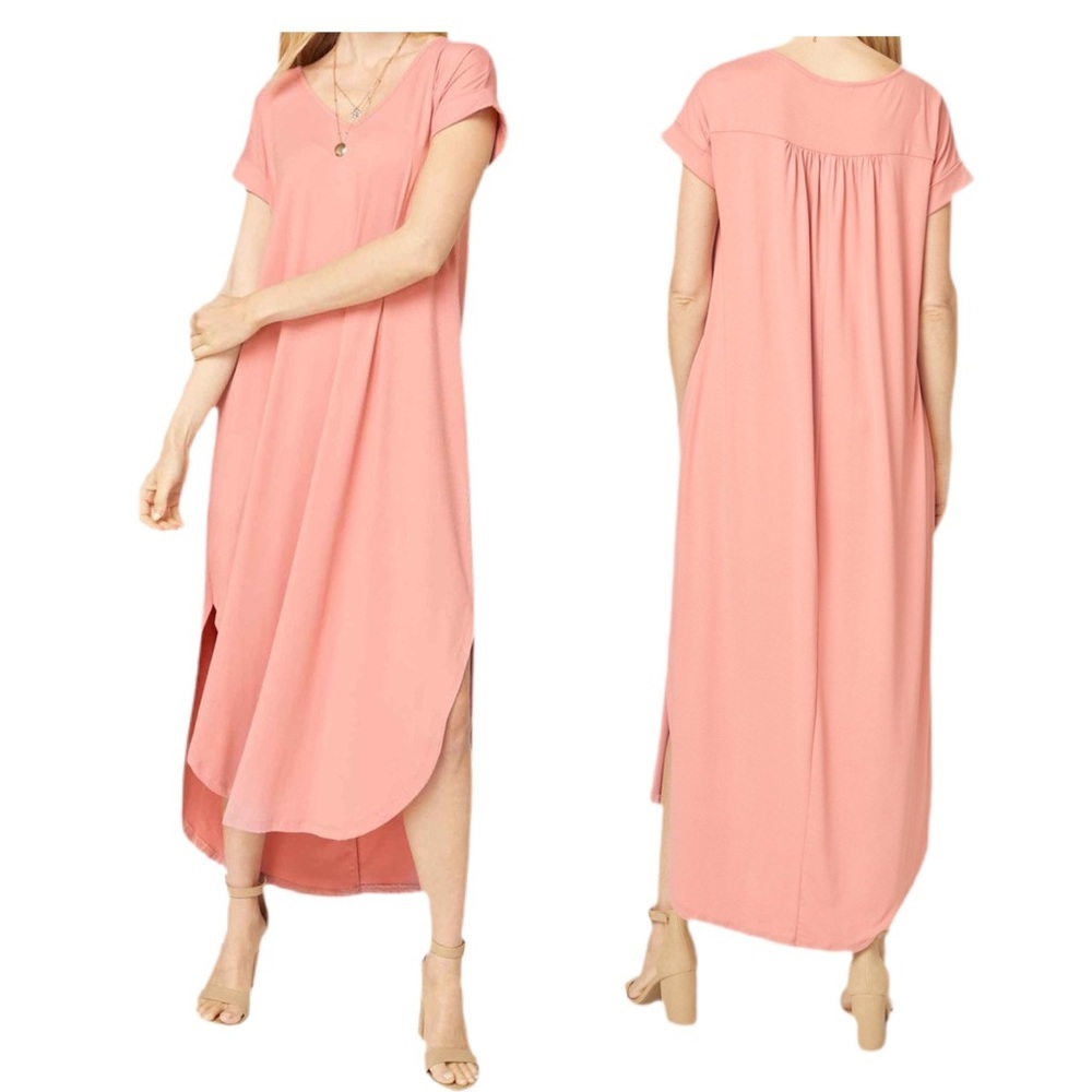 Short Sleeve, Side Slit V-Neck, Pockets Maxi Dress